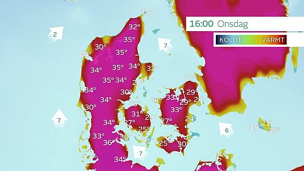 GFS-modellens temperaturprognose for onsdag. Det er helt ekstreme værdier, og de bør tages med et gran salt. Foto: TV 2 Vejret