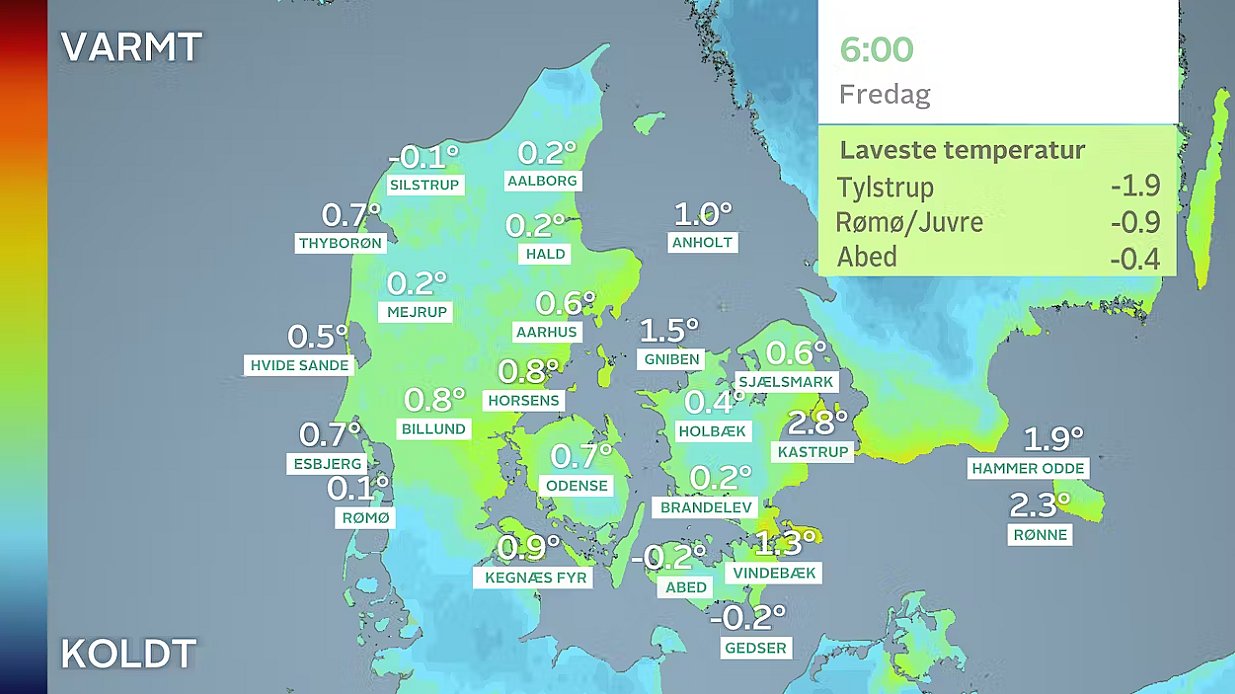 Minimumtemperaturen indtil fredag klokken 06.00. Let frost.