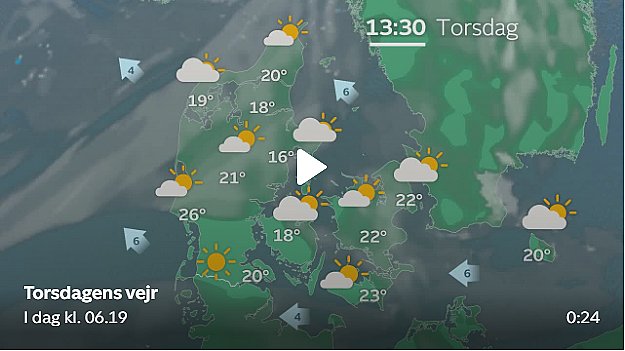 Dagen er begyndt med en del højtliggende skyer. Som dagen skrider frem, bliver himlen imidlertid mere og mere blå, og en solrig torsdag viser sig frem.