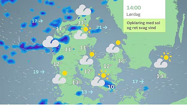 Blæsevejret sender spredte regnbyger ind over Danmark.