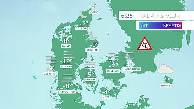 Vejr og radar klokken 6.25. Det er iskoldt flere steder.