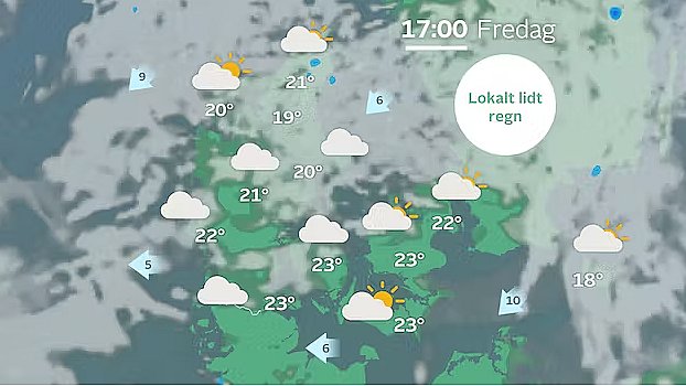 Det klarer gradvist op fra syd fredag eftermiddag, og i den sydøstlige del af landet kan eftermiddagssolen skinne. Her kan temperaturerne samtidig stige til 23-24 grader.