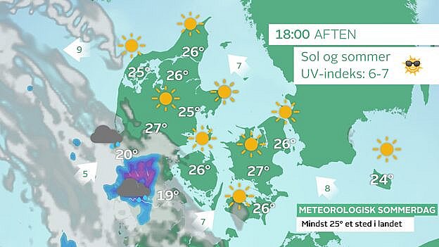 Sidst på eftermiddagen og først på aftenen kan regn- og tordenbyger bevæge sig op over den sydlige del af Jylland. I resten af landet fortsætter det varme og solrige vejr. Foto: TV 2 VEJRET
