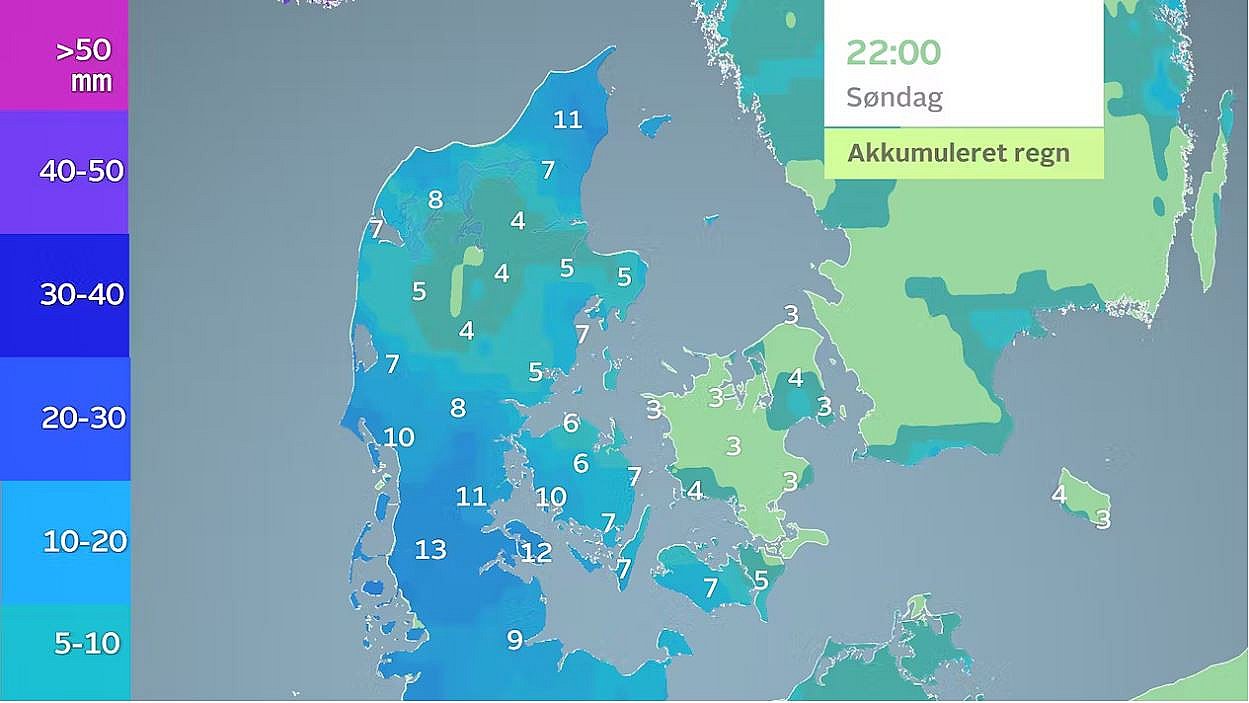 Akkumuleret nedbør frem til søndag klokken 22.