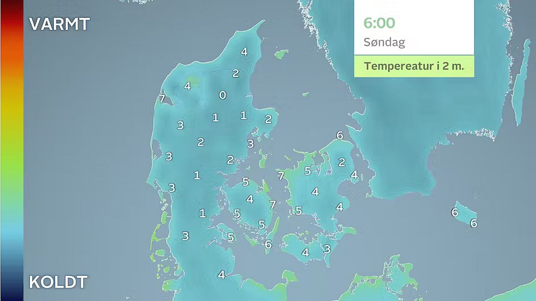 Temperaturen kommer ned omkring frysepunktet natten til søndag.