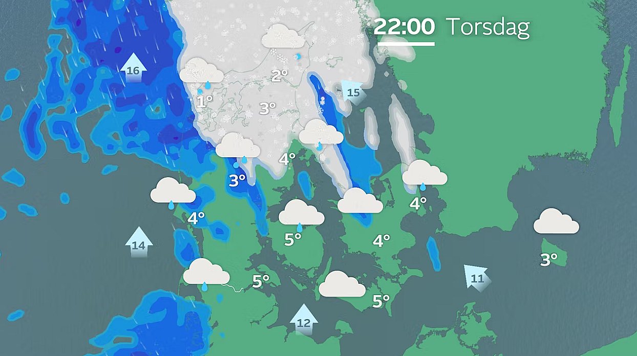 Prognose torsdag aften. Særligt Nordjylland får en del nedbør.
