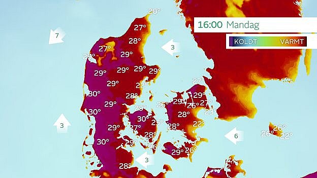 Forventet maksimumtemperaturer mandag. Udbredt 27 til 30 graders varme.