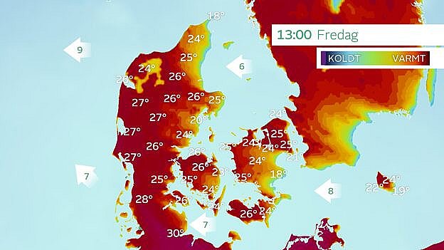 Højeste temperaturer fredag eftermiddag. I den sydlige del af Jylland kan temperaturen nærme sig 30 grader. Foto: TV 2 VEJRET