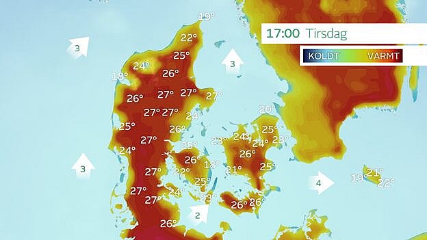 Prognose for temperaturer sidst på eftermiddagen tirsdag, når det er varmest. Foto: TV 2 Vejret
