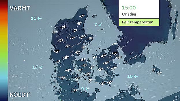 I Nordjylland får vinden den følte temperatur til at dale ned til -7 graders frost.