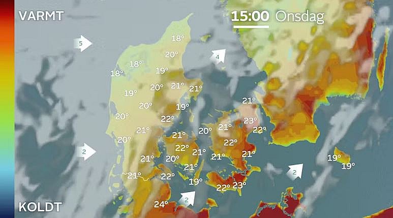 Prognose af temperatur, vind og skydække onsdag klokken 15. Foto: GRAFIK / TV 2 Vejret