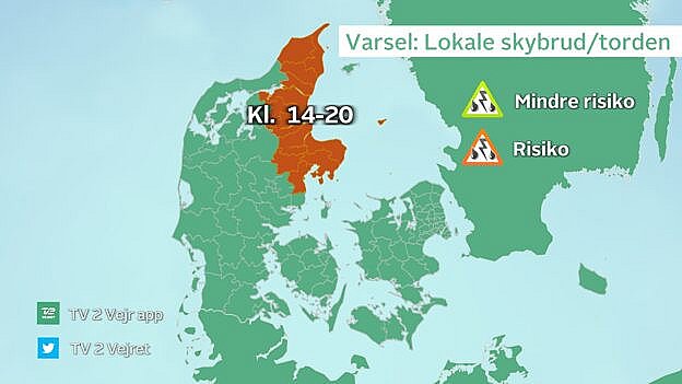 Varsel for skybrud og torden i perioden klokken 14 til 20.