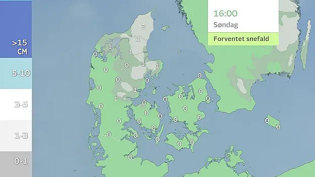 Akkumuleret sne. Bedst chancer for et snedække i løbet af søndagen er i Nordjylland og Østjylland.