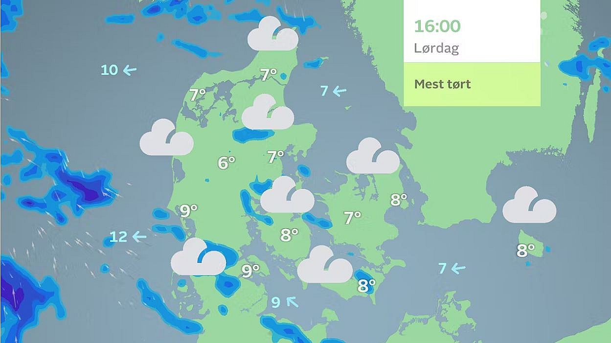 Prognose lørdag eftermiddag. Enkelte spredte regnbyger, men de fleste har tørvejr.