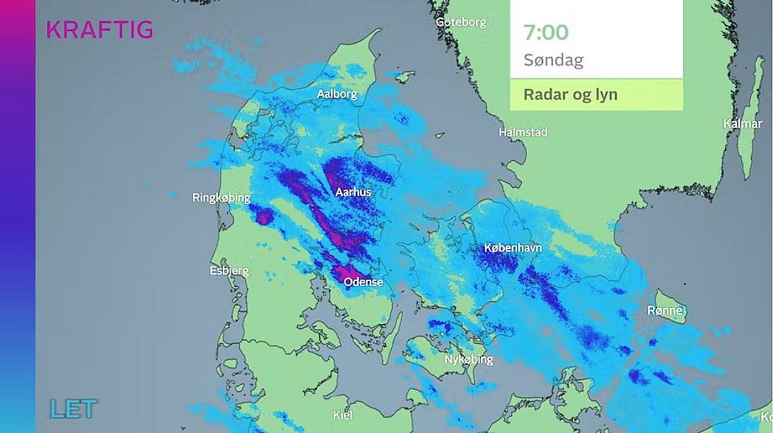 Radarbillede klokken 07.00. Udbredt regnvejr over Danmark.