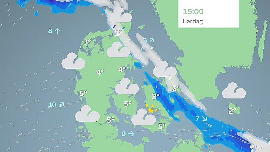 Prognose lørdag eftermiddag. Efterhånden tørt. Foto: TV 2 Vejret