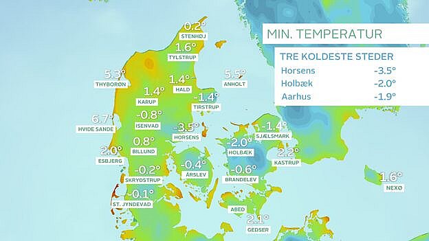 Temperaturobservationer mandag morgen. Koldeste sted er Horsens med 3,5 graders frost. Foto: TV 2 Vejret