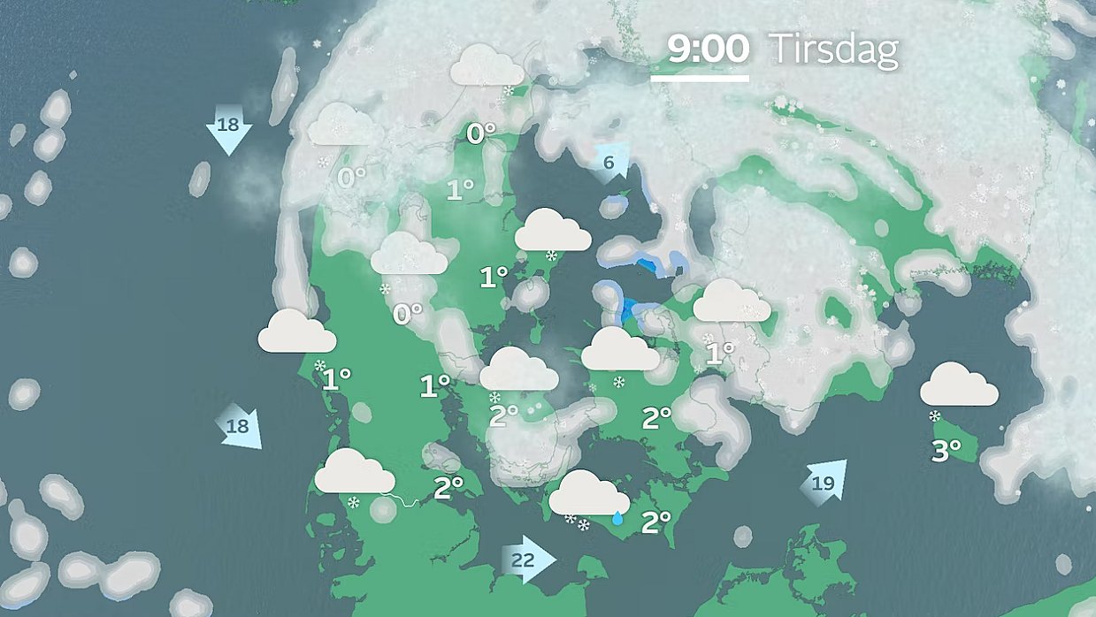 Prognose tirsdag formiddag. Fortsat kraftigt snefald i Nordjylland. I resten af landet er der udsigt til en del snebyger.