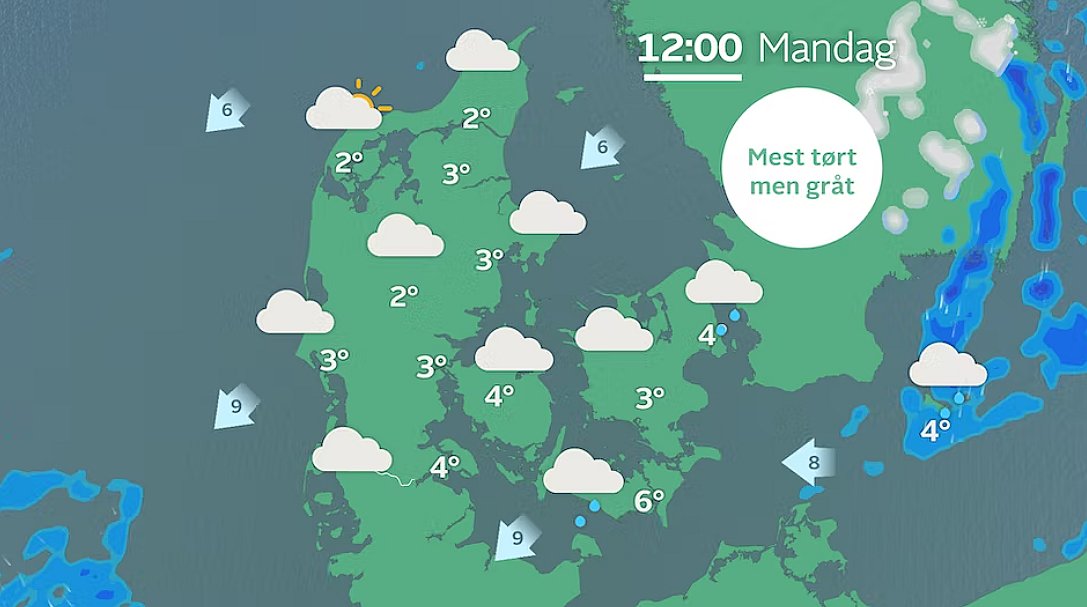 Prognose mandag. Her er vejret, som det har været i mange dage. Foto: GRAFIK / TV 2 Vejret