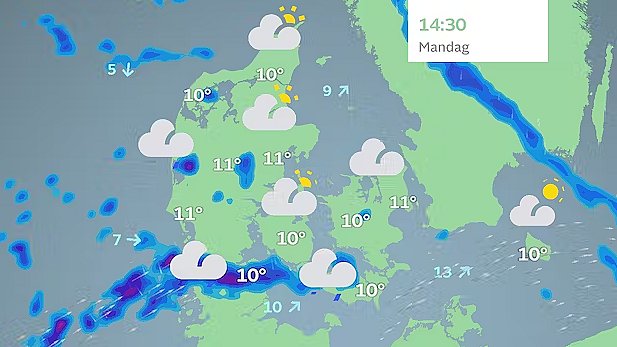 Prognose mandag eftermiddag. Efterhånden flere skyer og større risiko for regnbyger.