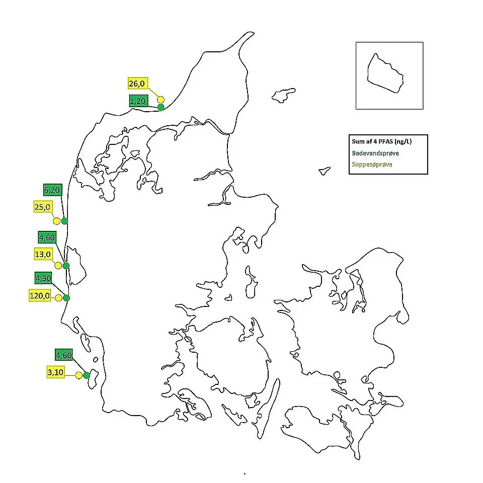 Kort med resultater fra badevand og soppesøvand.