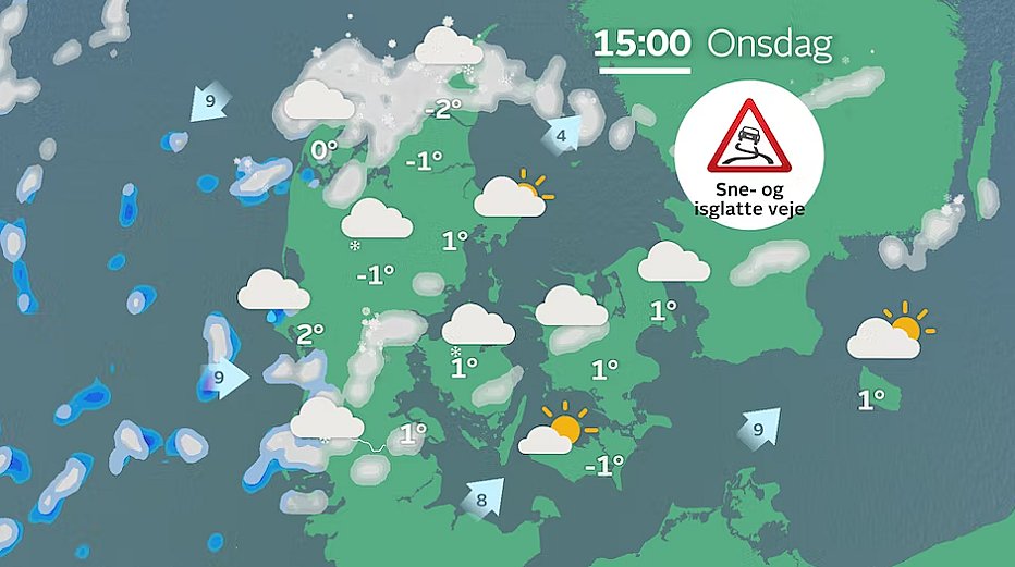 Prognose onsdag eftermiddag. Fortsat en del spredte snebyger over særligt den vestlige del af landet.