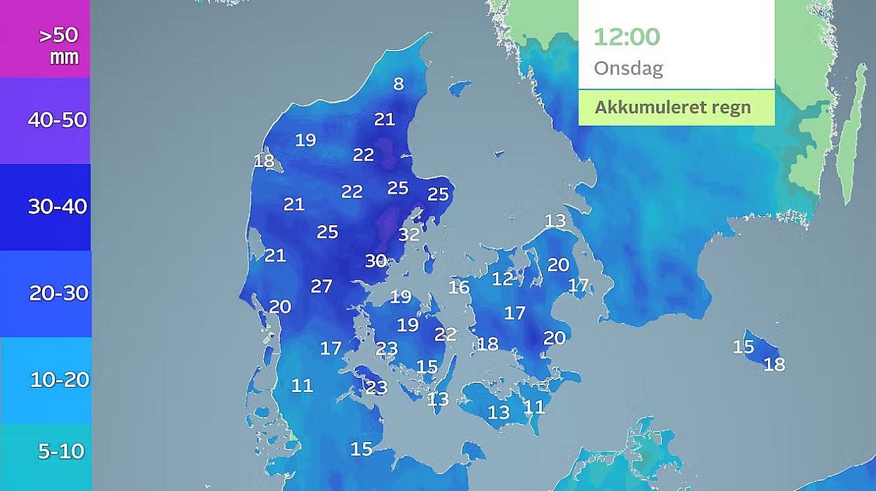 Regn fra tirsdag klokken 12 til onsdag klokken 12.