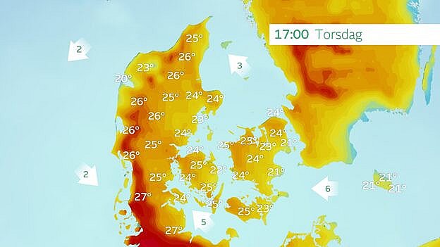 Torsdag kan man flere steder opleve maksimumtemperaturer mellem 22 og 28 grader.