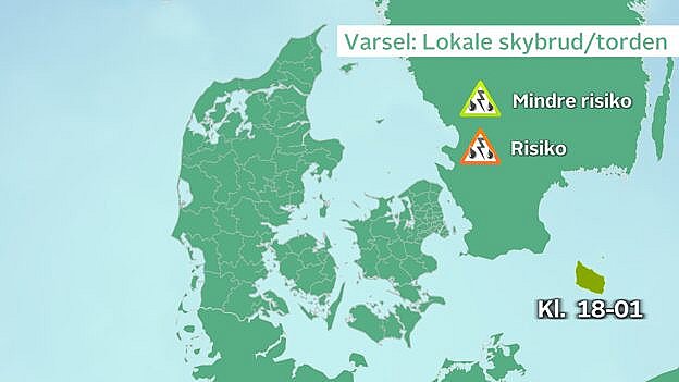 Risikovarsel for skybrud og torden gældende for Bornholm i tidsrummet fredag klokken 18.00 til lørdag klokken 01.00.