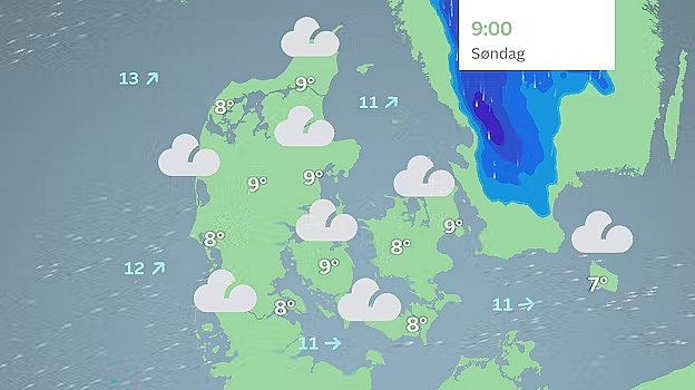 Prognose søndag klokken 9.00.