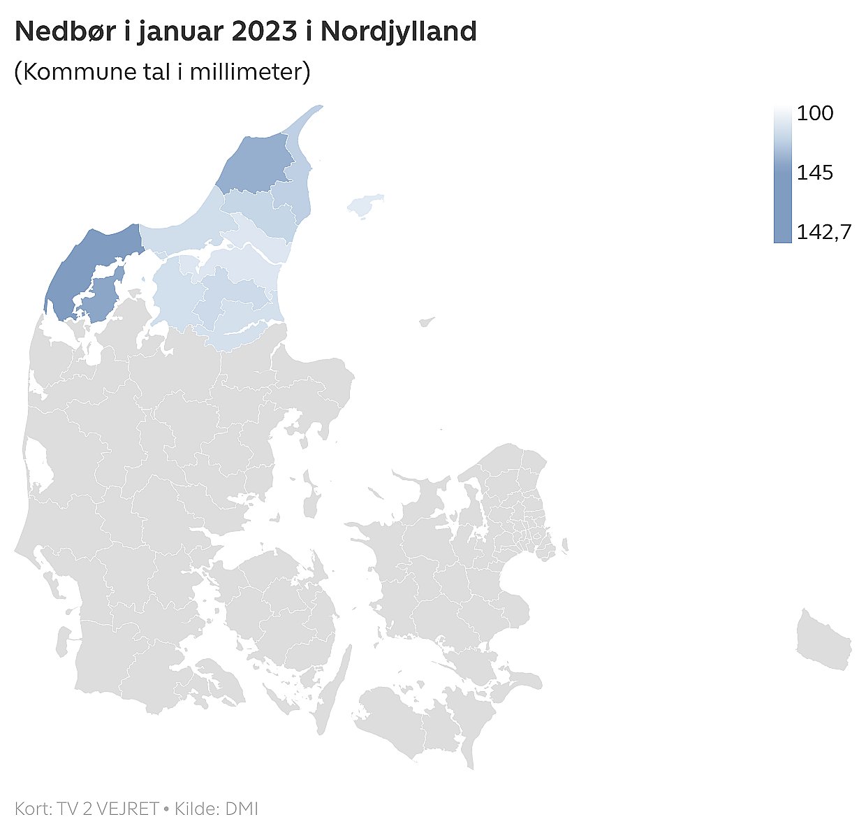 Sådan har nedbøren fordelt sig i Nordjylland.