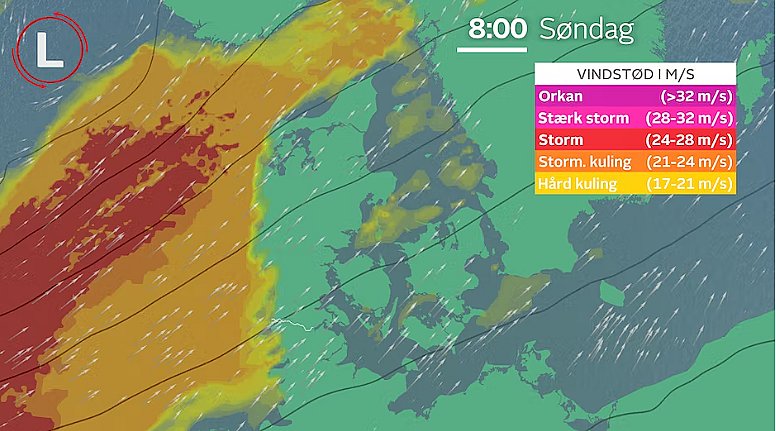 Prognose søndag morgen. Her er det primært langs den jyske vestkyst, at der er risiko for stormstød.