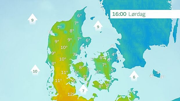 Forventede dagtemperaturer lørdag eftermiddag. Foto: TV 2 VEJRET