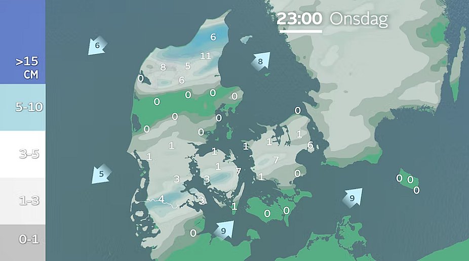 Akkumuleret sne. Det er særligt Nordjylland, Sydjylland, Fyn og Sjælland, som har udsigt til sne i dagens løb.
