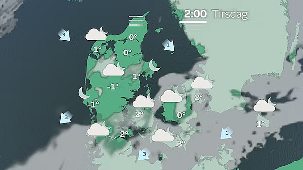 Prognose natten til tirsdag. Tåge begynder at dannes, mens der formentlig er for mange skyer mod øst.