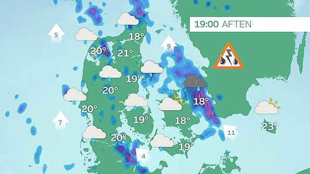 Prognose tirsdag klokken 19.00. Kraftige tordenbyger over især Nordsjælland, men også flere lokationer i Jylland.