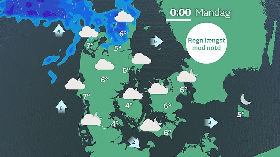 Prognose ved midnat. Regnvejr nord for Limfjorden.