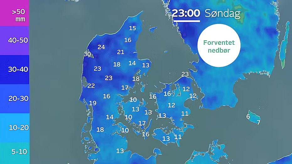 Akkumuleret nedbør resten af ugen. Lokalt kan der falde over 20 millimeter. Foto: TV 2 Vejret