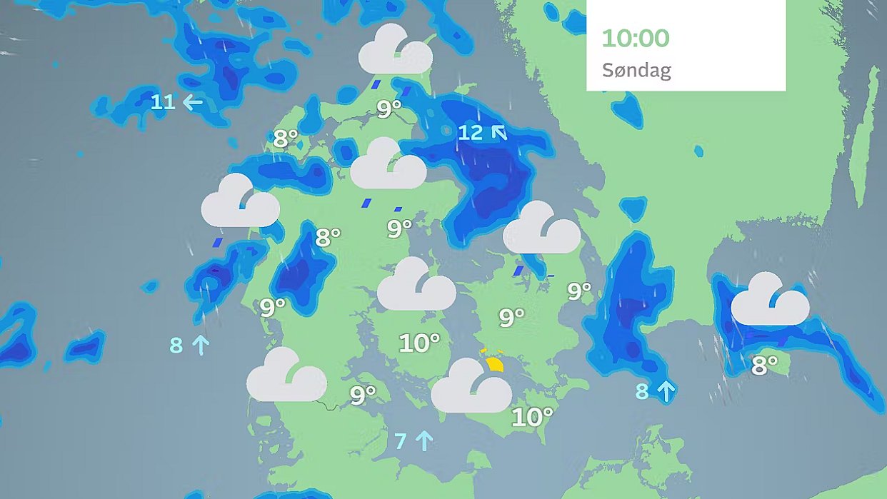 Et regnvejr breder sig fra syd op over Danmark, opholdsvejr i en periode mod syd.