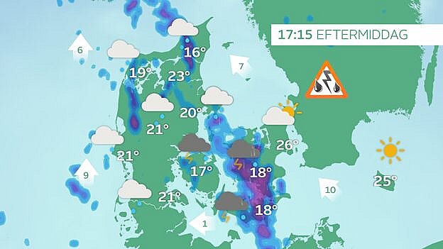 Prognose tirsdag klokken 17.15. Flere steder er der risiko for kraftige tordenbyger og dermed også skybrud. Mulighed for sommerdag over de østlige egne.