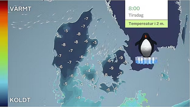 Prognose tirsdag morgen. Lokalt ned tæt på minus 10 grader.