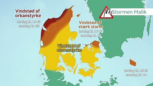 Forventede vindstød, når stormen Malik rammer Danmark lørdag til søndag.
