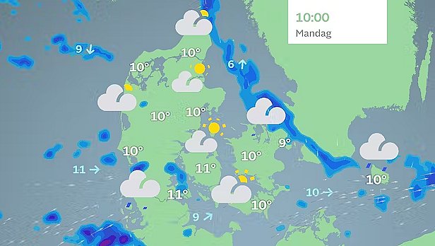 Prognose mandag formiddag. Overvejende tørvejr med lidt eller nogen sol.