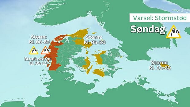 TV 2 VEJRET har udsendt varsel for blæsevejret i morgen. Her kan du se, hvilke tidsintervaller og hvor henne det vil blæse mest. Foto: TV 2 Vejret / Grafik/ TV 2 Vejret