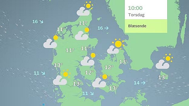 Prognose torsdag eftermiddag. Solrigt vejr flere steder.