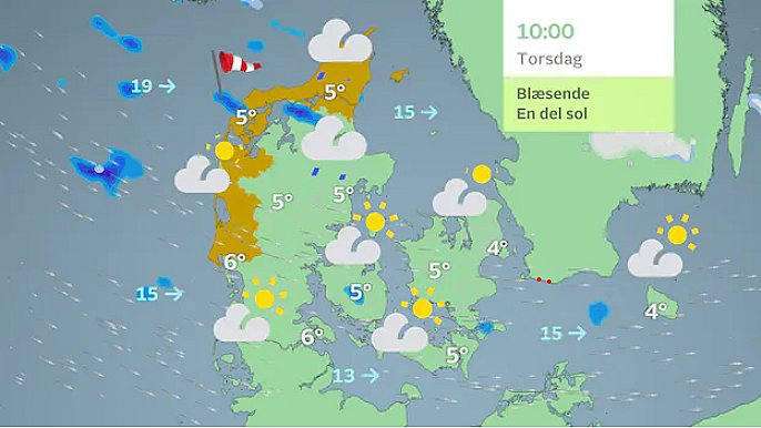 Prognose torsdag formiddag. Først på dagen bliver meget blæsende. I det gule område er der varslet vindstød af stormstyrke.