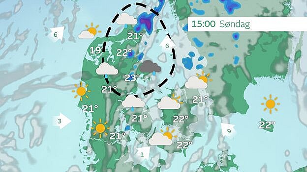 Prognose søndag eftermiddag. Risiko for tordenbyger indenfor den sorte ring.