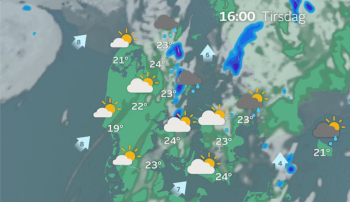 Tirsdag klokken 16 har flere af bygerne forladt landet, men der kan være enkelte kraftige byger tilbage i Nordøstjylland og måske i Nordsjælland.