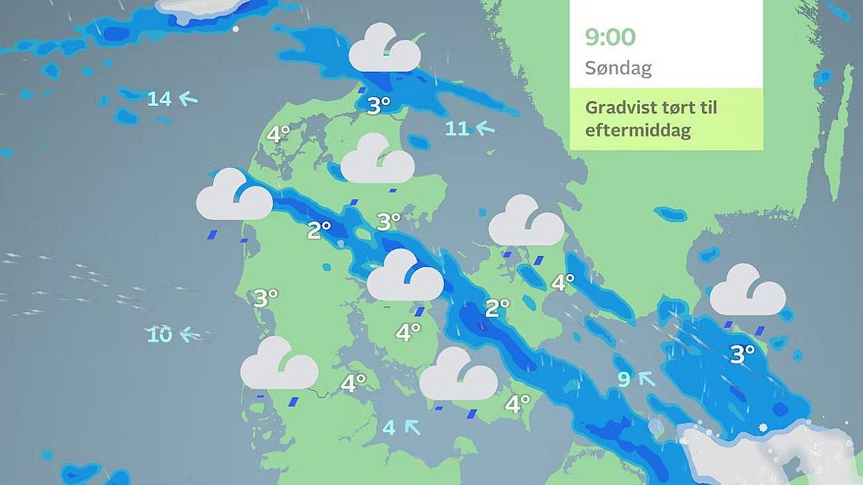 Prognose for søndag klokken 9. Allerede lørdag aften vil en ny front med regn drive over landet fra vest.