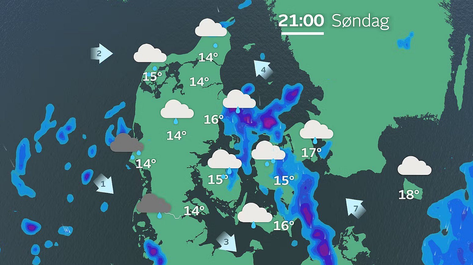 Prognose søndag aften. Lokale byger – særligt mod øst.